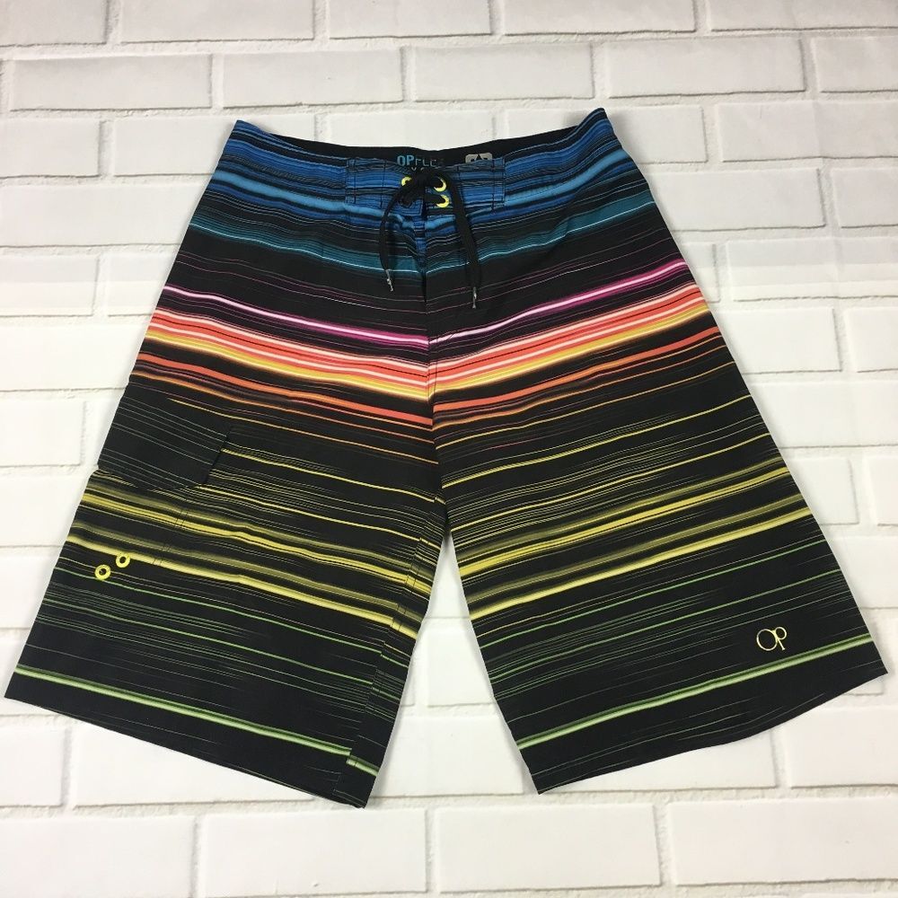 OP Flex Men's 4-Way Stretch Black Stripe Swim/Beach Hybrid Board Shorts Size 28